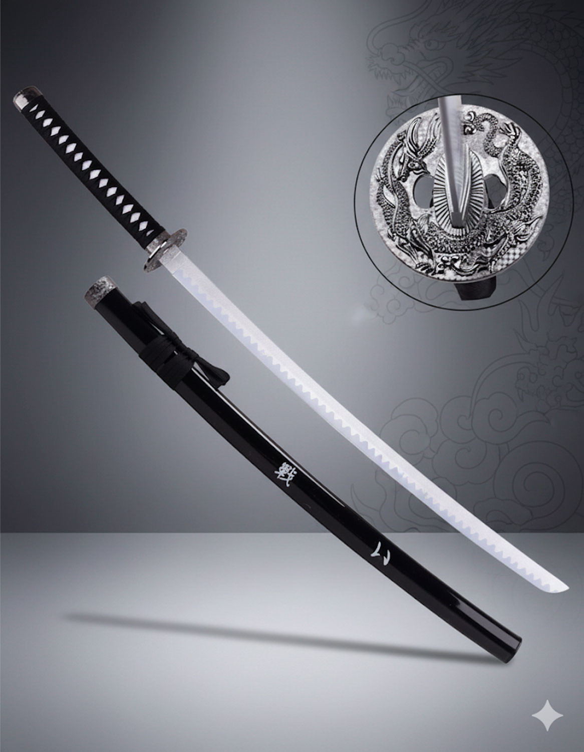 Katana décorative tsuba Dragon Fantaisie, lame bambou (103 cm.)