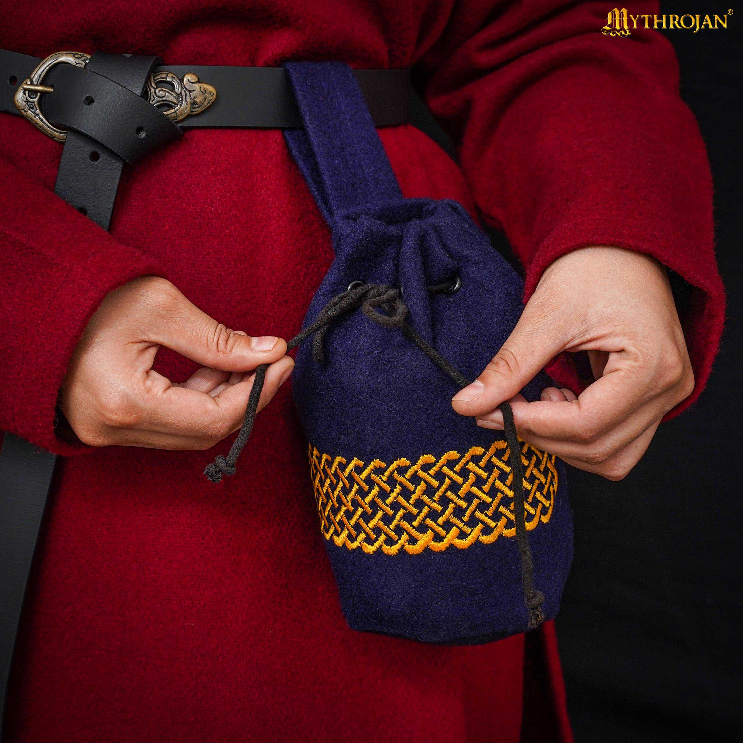 Sac médiéval en laine brodée pour ceinture, couleur bleue