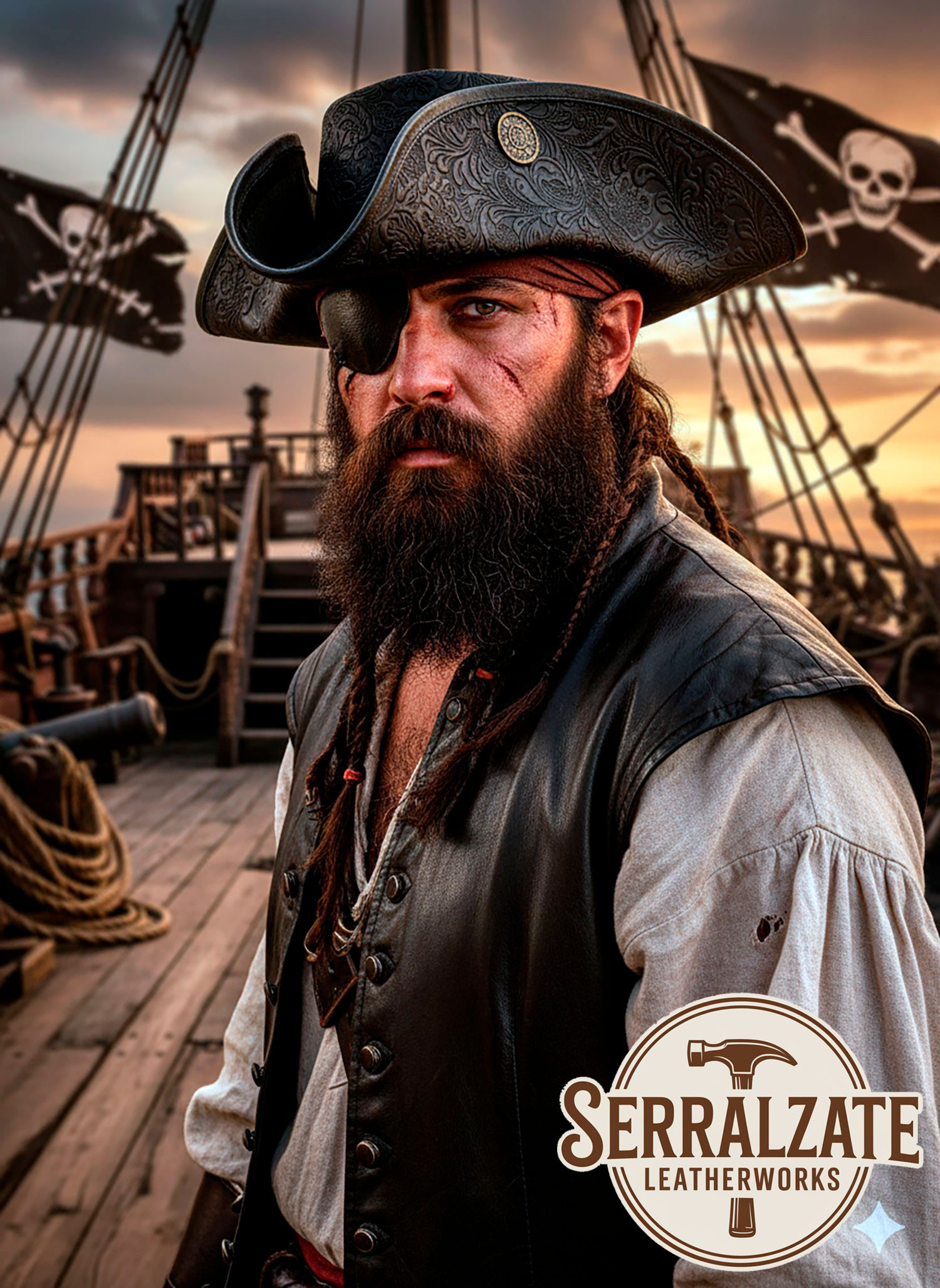 Chapeau de pirate Tricorn en cuir Deluxe, noir