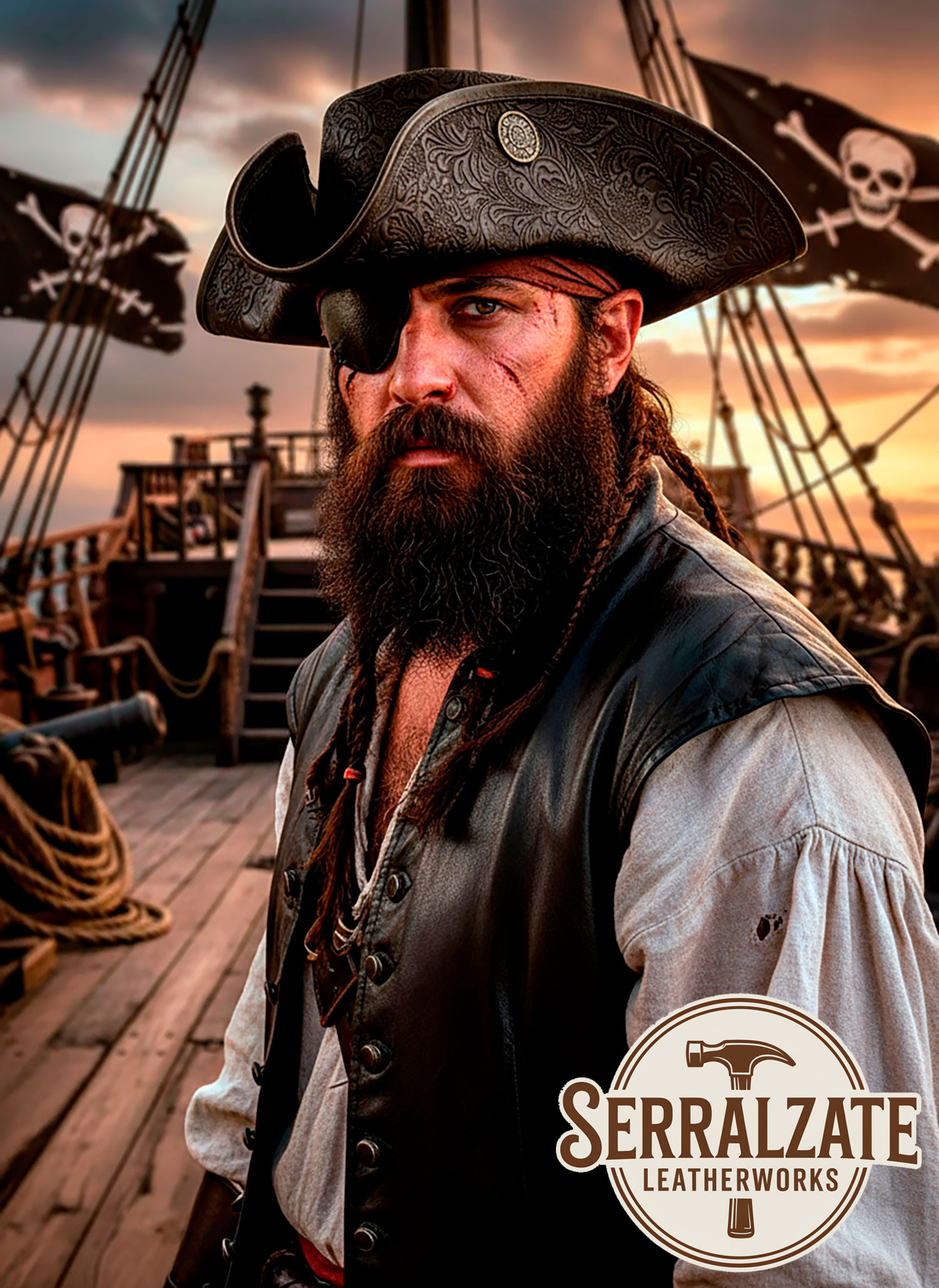 Chapeau de pirate Tricorn en cuir Deluxe, marron foncé