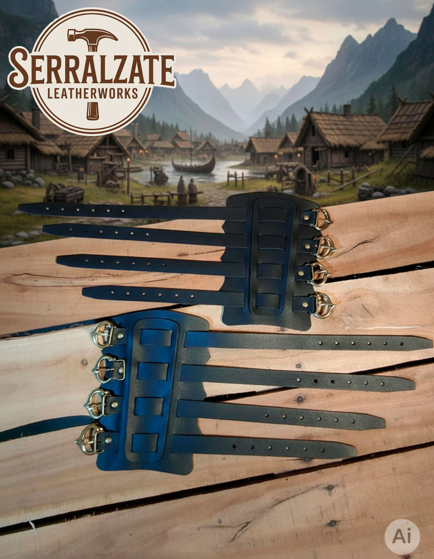 Bracelets vikings Gunnar en cuir noir