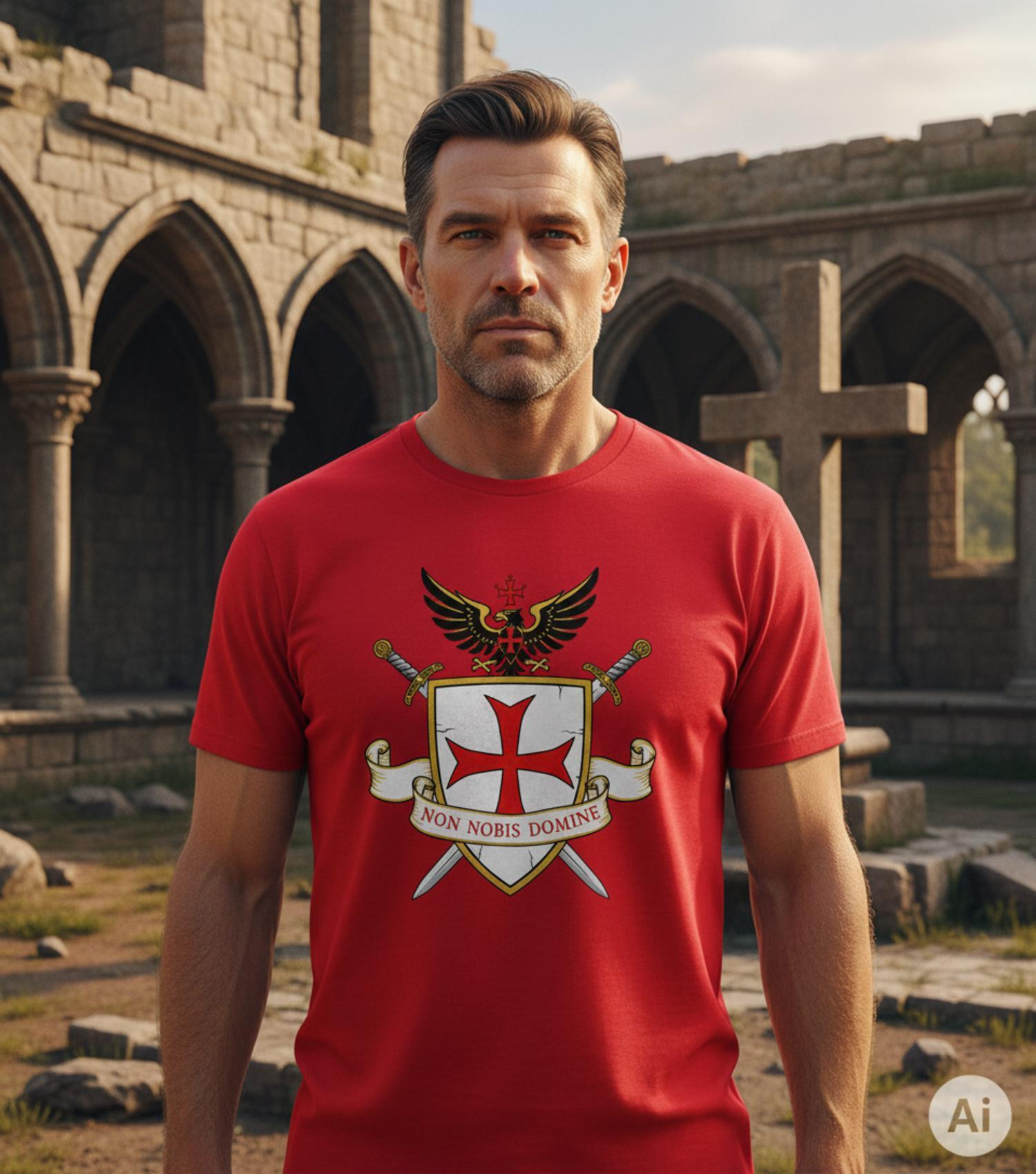 T-shirt rouge Templiers pour homme, Non Nobis Domine