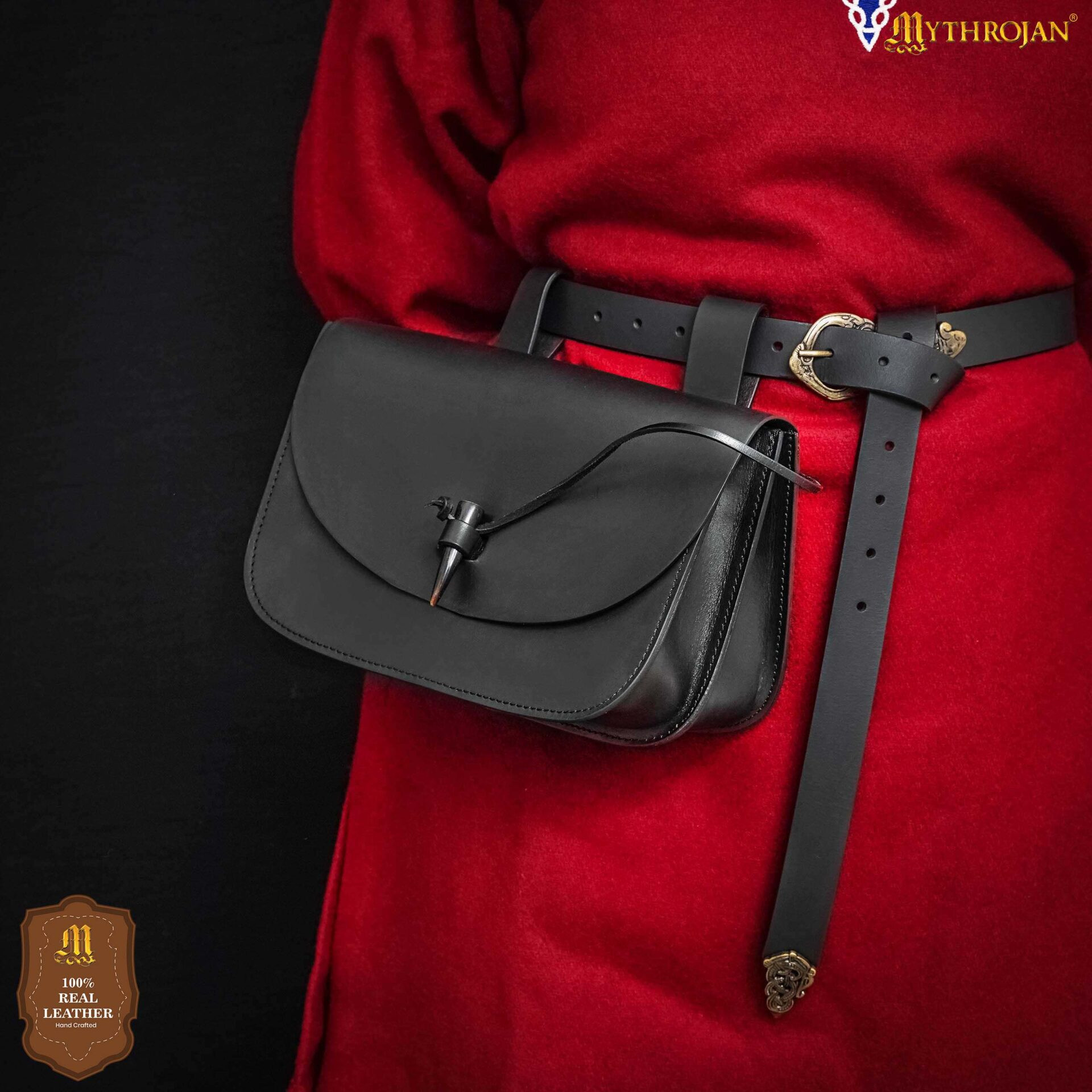Sac médiéval pour ceinture à fermeture en corne, couleur noire