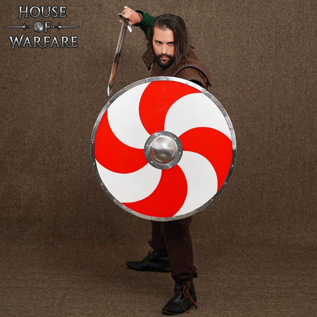 Bouclier médiéval de guerrier viking, rouge-blanc