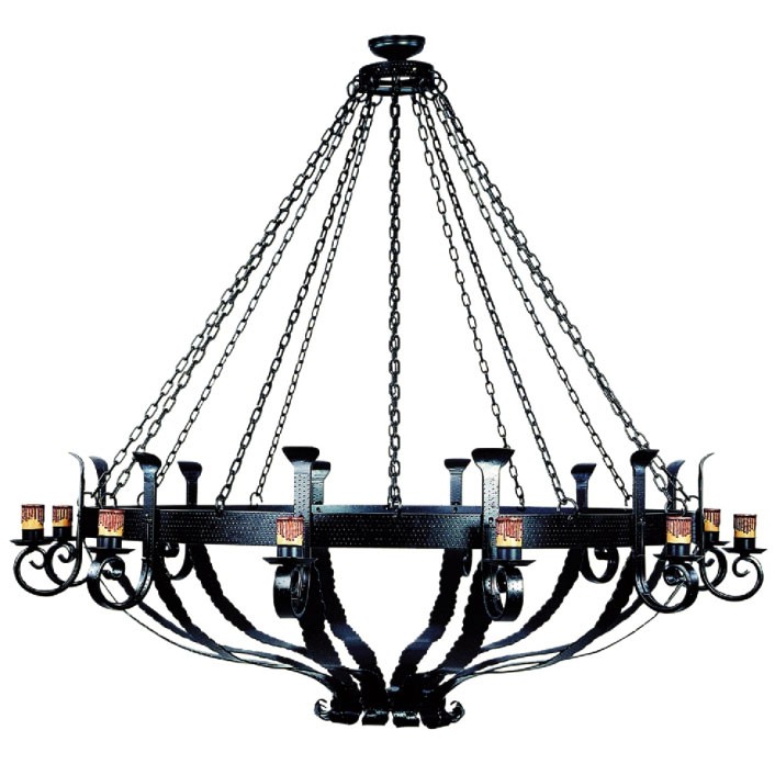 Grande lampe médiévale en fer forgé avec chaînes