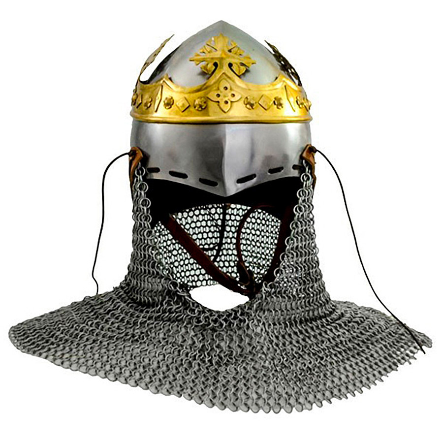 Bassinet médiéval Robert The Bruce avec cotte de mailles et couronne du roi, 14e siècle