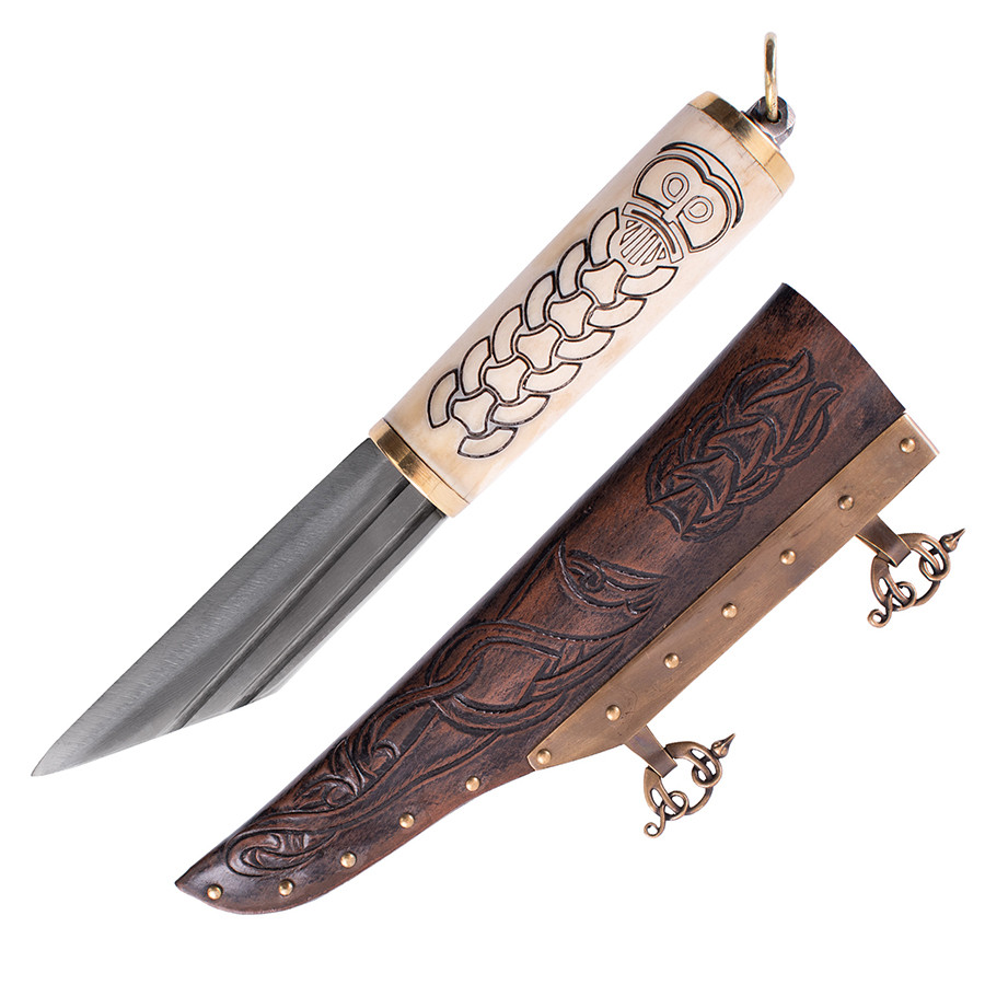 Couteau Seax ou Viking avec manche en os décoré