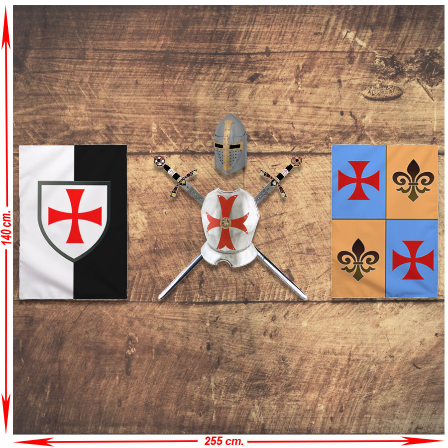 Panoplie des Templiers. épées, pectoraux, casque et bannières