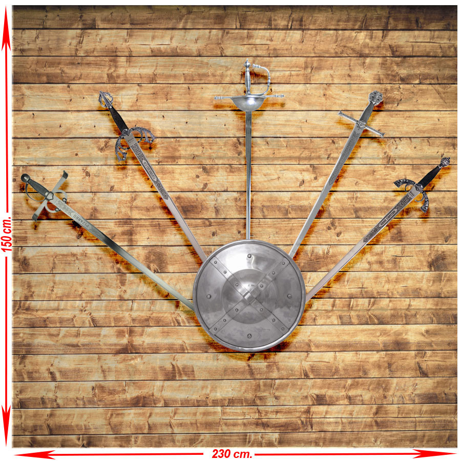 Panoplie (1) avec cinq épées médiévales réelles et historiques avec bouclier