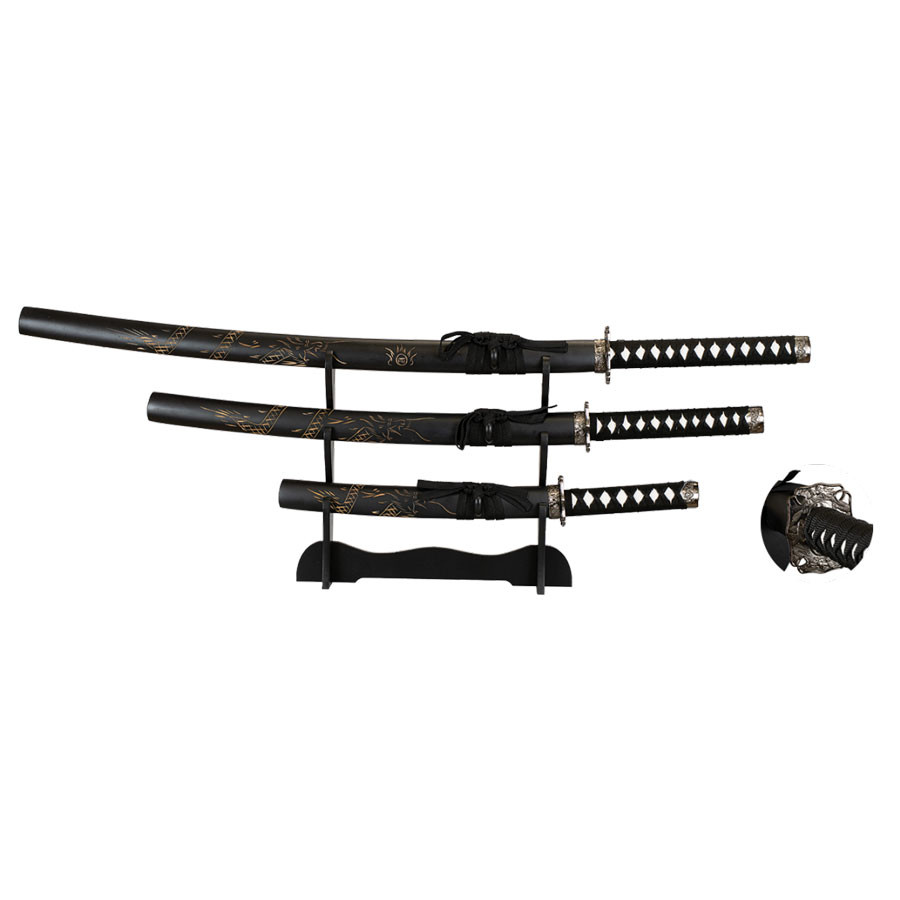 Ensemble de 3 katanas noirs avec support de bureau