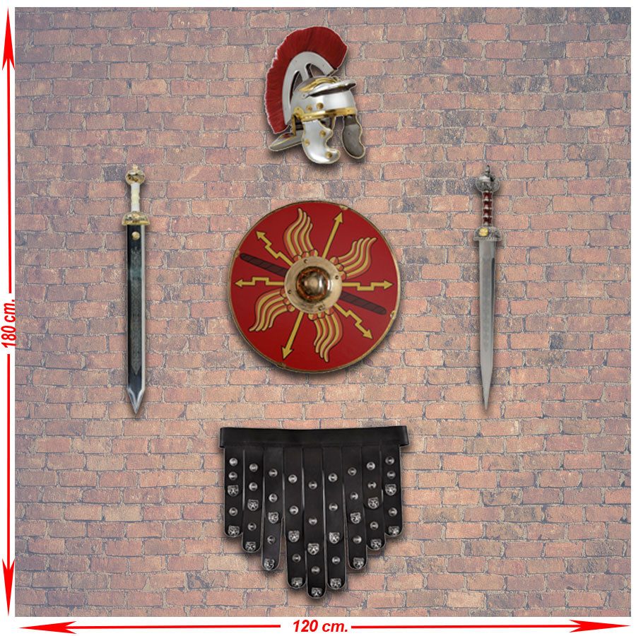 Panoplie d'armes des légions romaines. bouclier, glaive, casque et cingulum