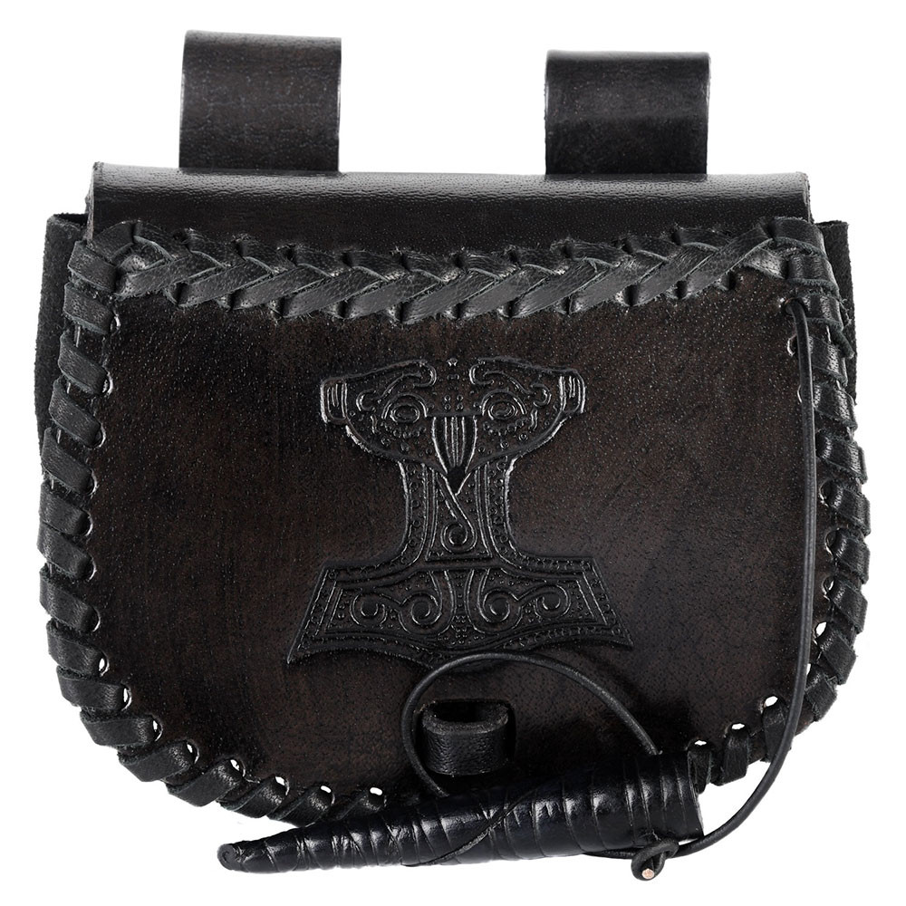 Sac viking Marteau de Thor en cuir noir, à porter à la ceinture