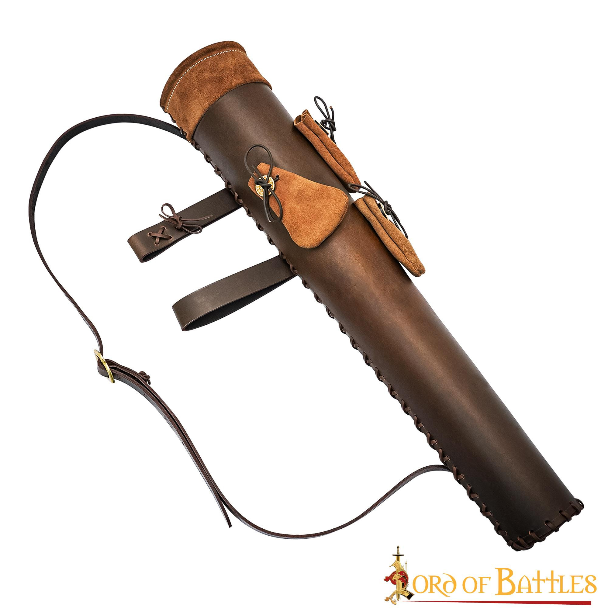 Carquois en cuir marron avec poches en pointe de flèche (60 cm.)
