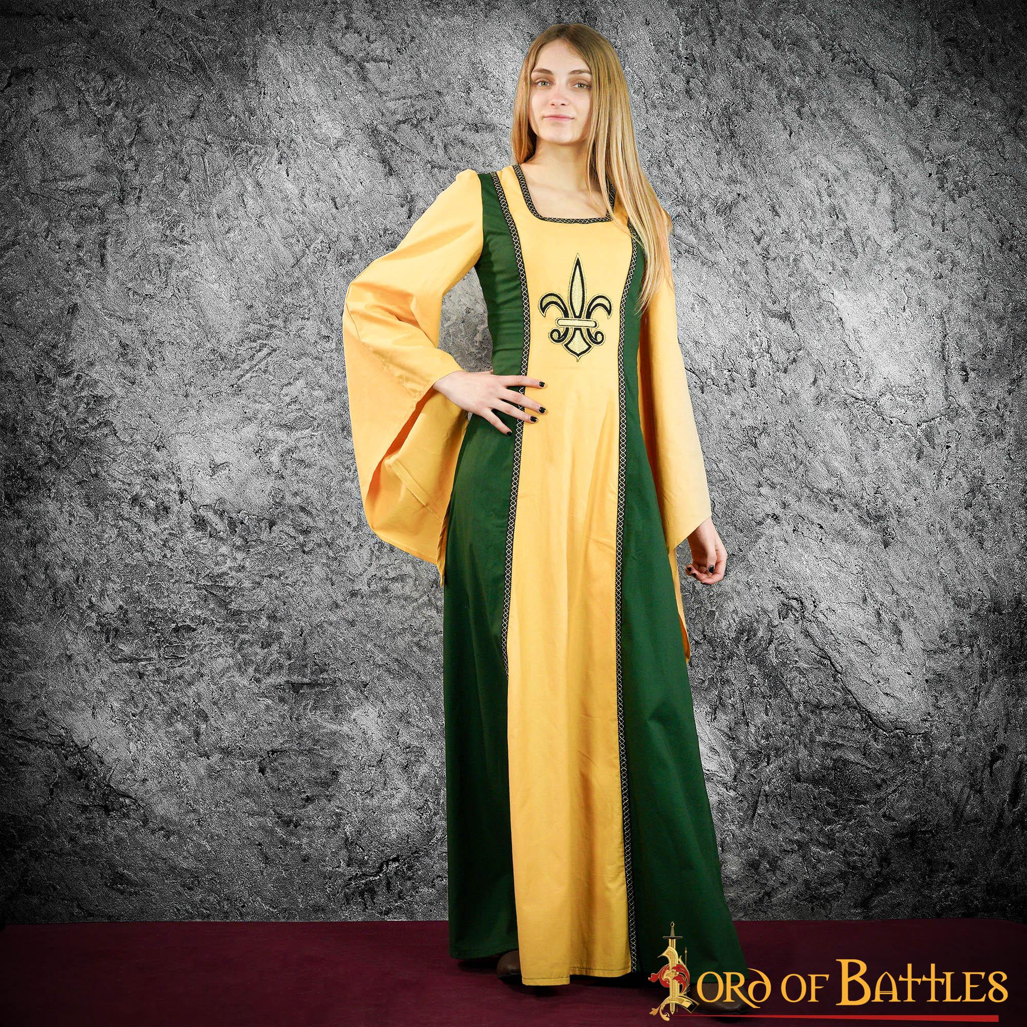 Robe Courtisane Médiévale Lisenia Fleur de Lys - Moutarde et Vert