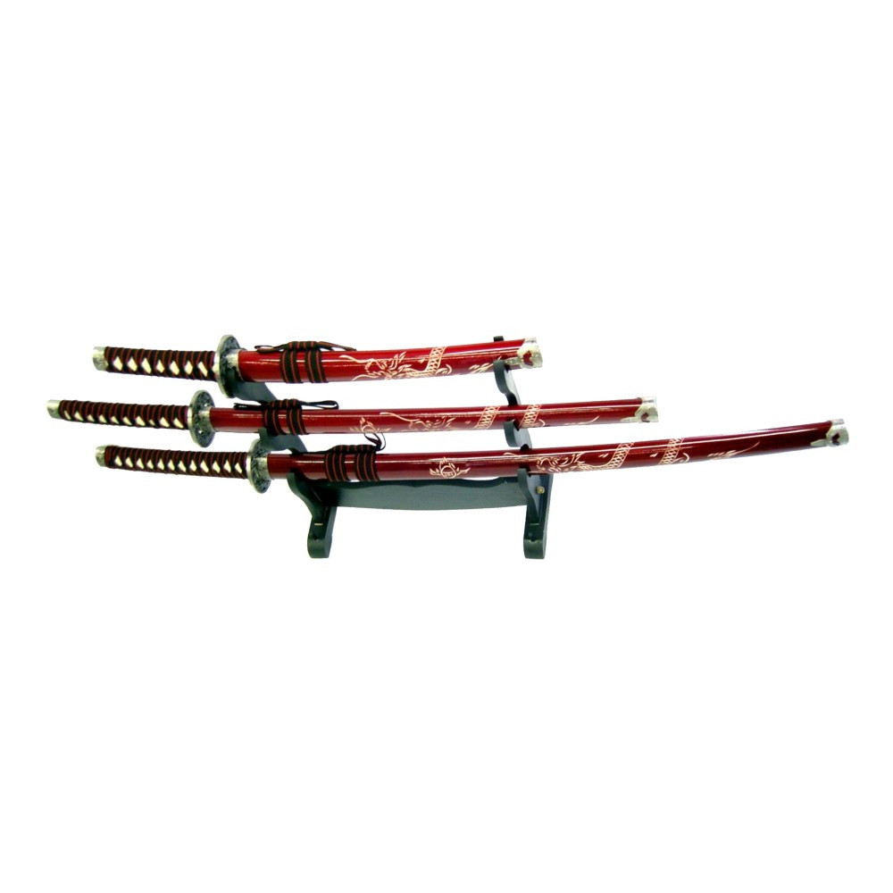 Ensemble ornemental Dragon avec Katana, wakizashi et tanto rouge