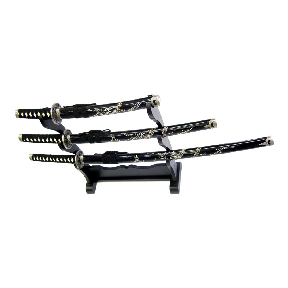 Ensemble ornemental Dragon avec Katana noir, wakizashi et tanto
