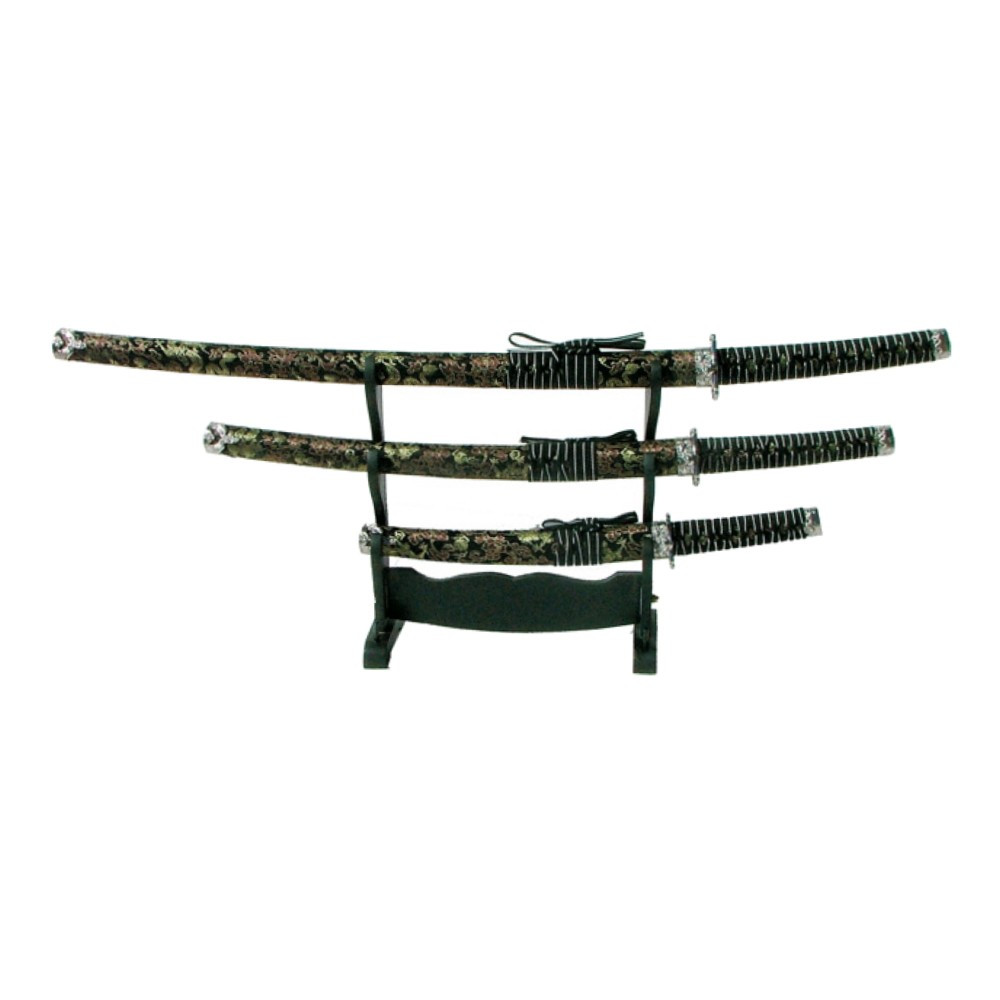 Ensemble ornemental avec Katana, wakizashi et tanto floral noir