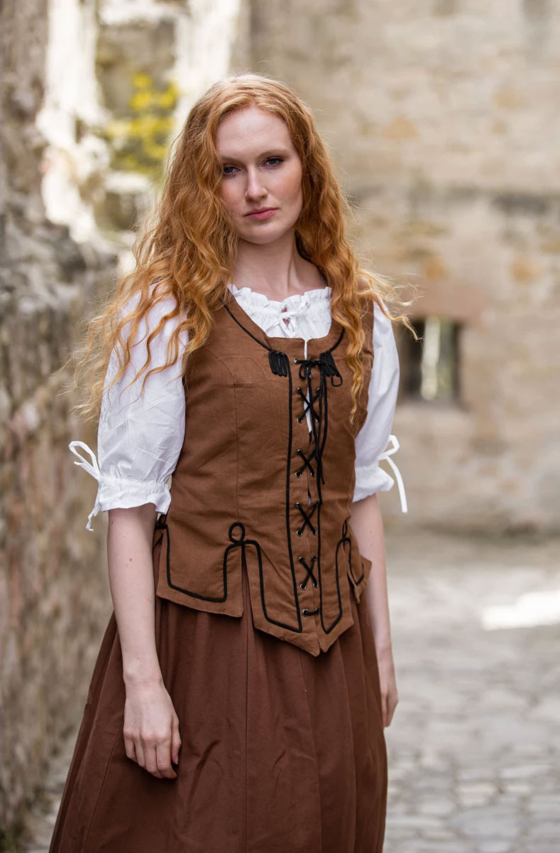Gilet médiéval avec broderie Selma, couleur marron