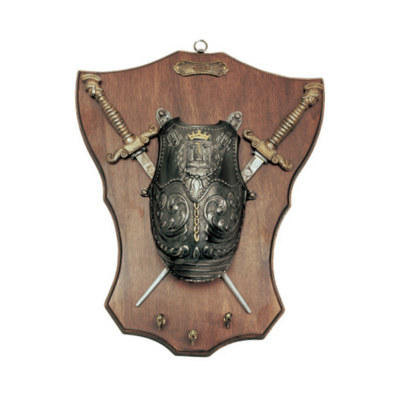 Panoplie médiévale, type porte-clés, avec 2 épées et bouclier (33x27 cm.)