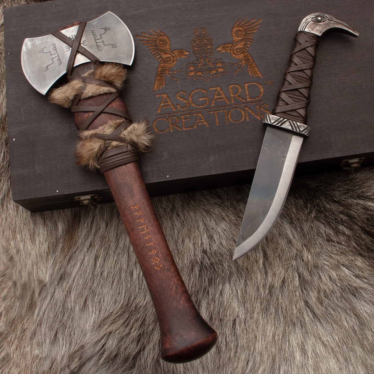 Ensemble hache et couteau viking avec boîte, création Asgard