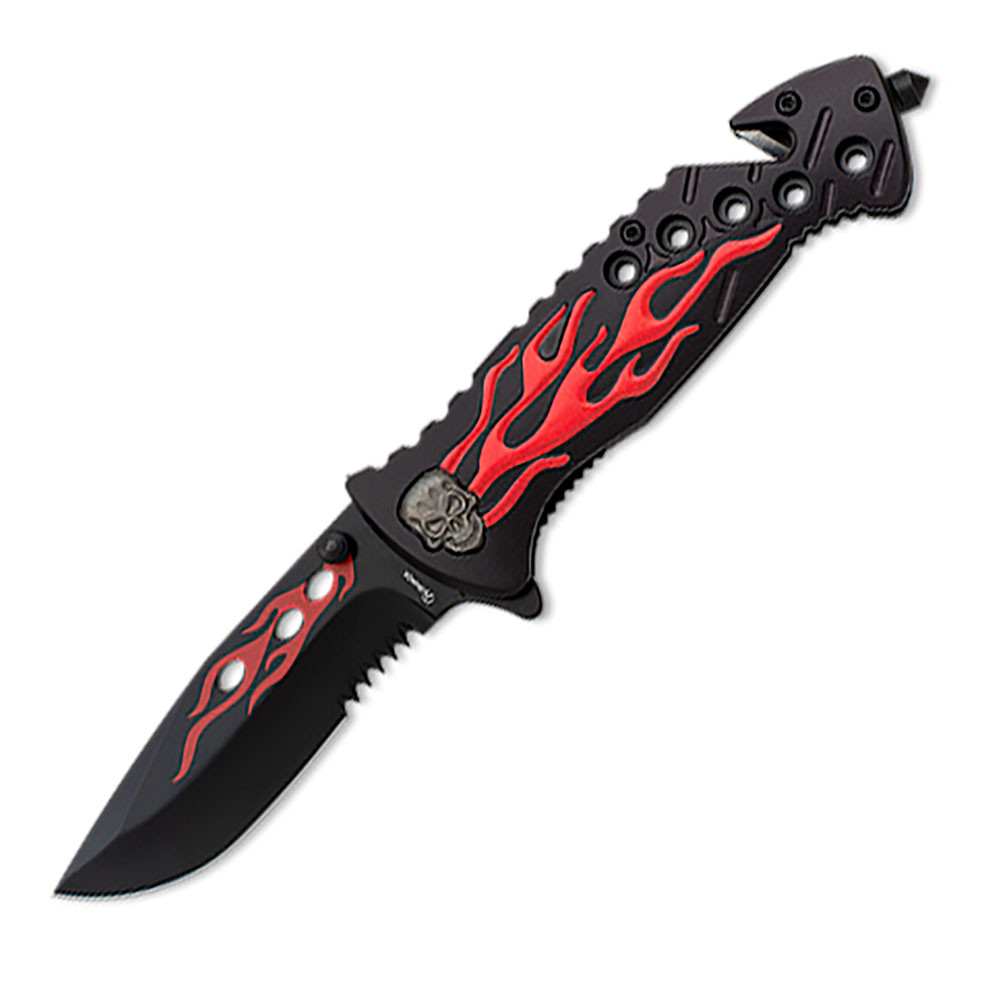 Couteau de sauvetage crâne enflammé rouge (20 cm.)