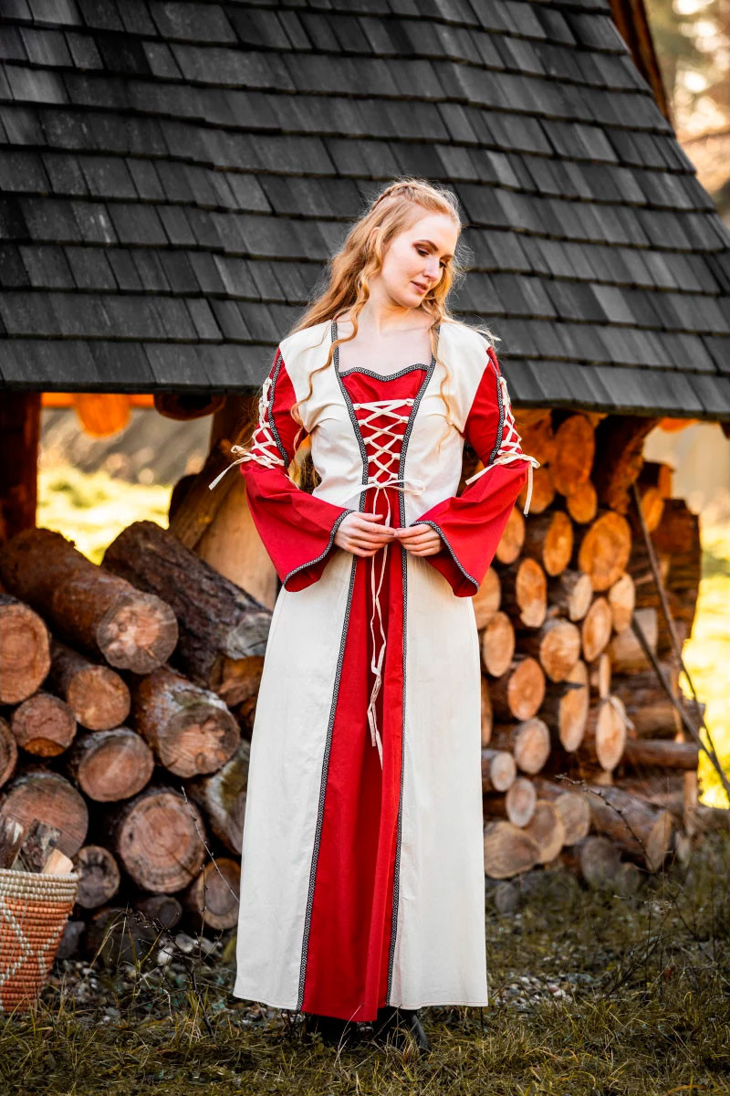 Robe médiévale modèle Amalia, Naturel-Rouge