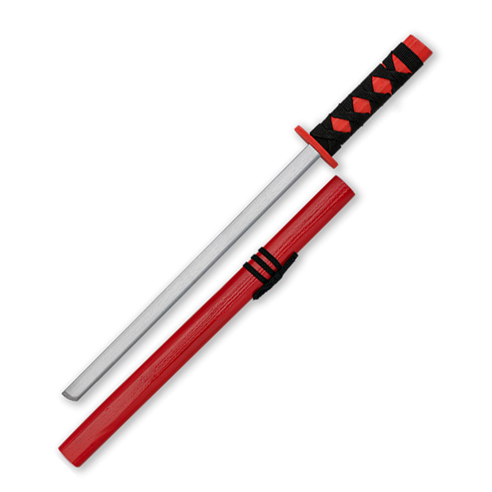 Wakizashi en bois marque Tole10, fourreau rouge