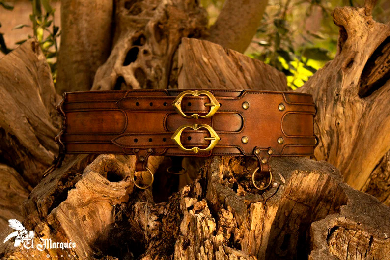 Ceinture tactique médiévale double en cuir - Marron