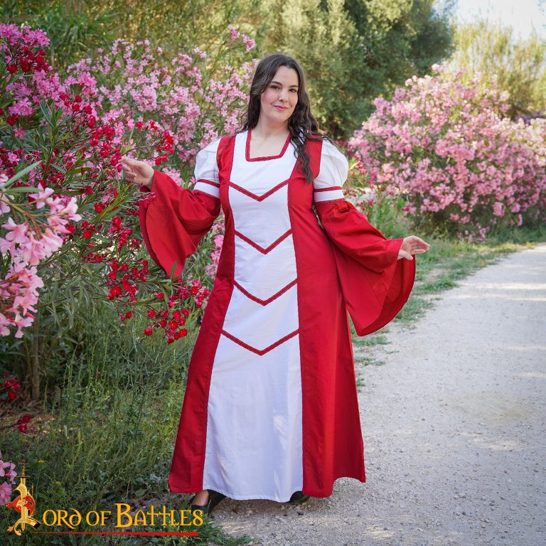 Robe médiévale de Demoiselle Isabel, blanc-rouge